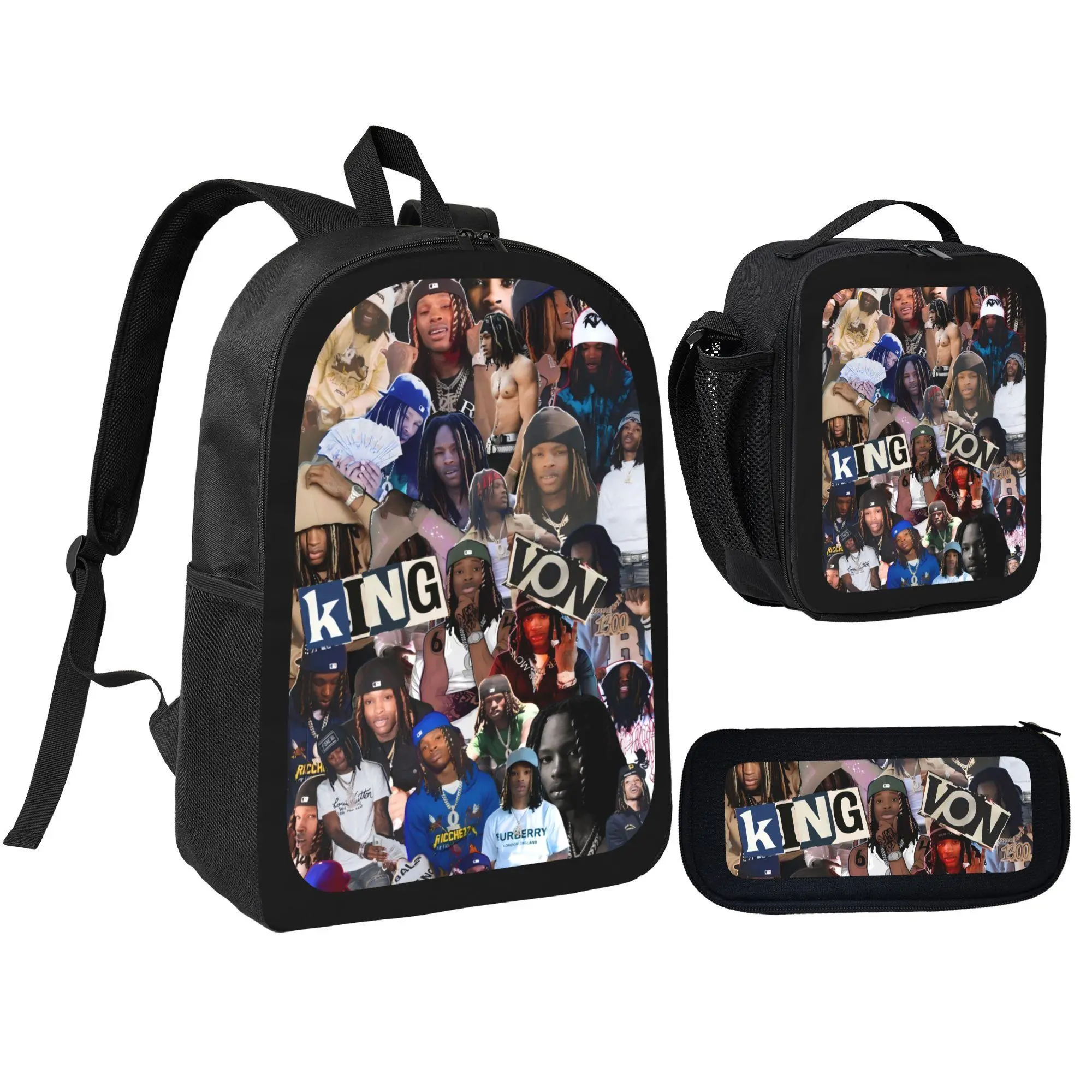King Von Theme 3-Piece Backpack Set - Student Backpack, Pencil Case, Lunch Bag Bundle, Convenient Carry Complete Solution for Daily School Books & Essentials
