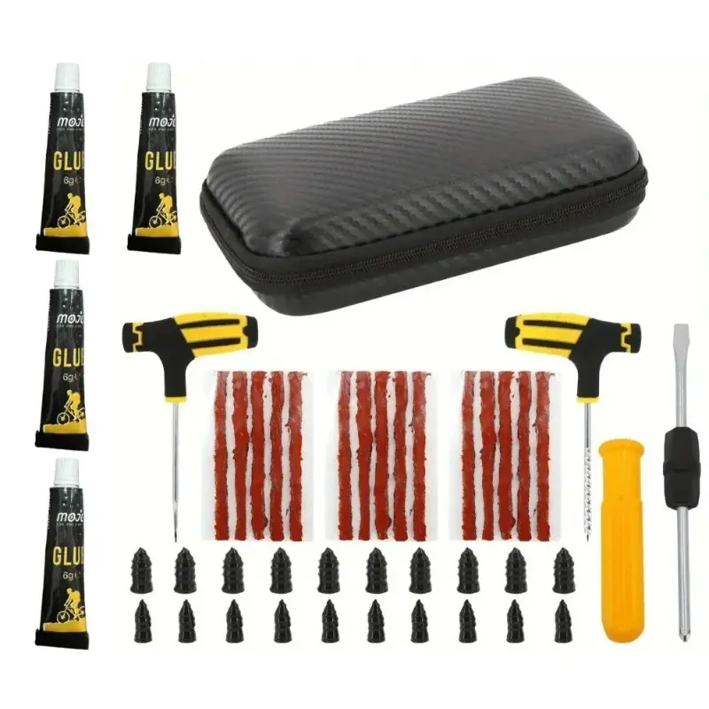 Universal Emergency Flat Tire Repair Kit, Puncture Repair Tool, Powerful Glue, Complete Tools for Cars Motorcycles Trucks, Compact Portable Case