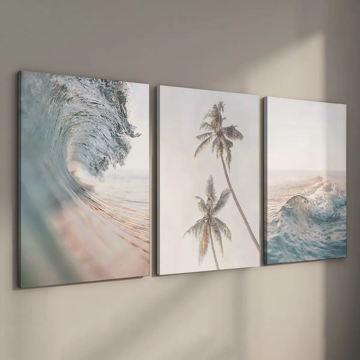 3 Counts/set Wooden Framed Pastel Beach Canvas Posters, Palm Tree, Neutral Coastal Wall Art, Home Wall Art, Room Decor, Room Decorations, Wall Decor Living Room, Bedroom, Perfect Gift for Friends and Family, Waterproof Canvas, Ready To Hang