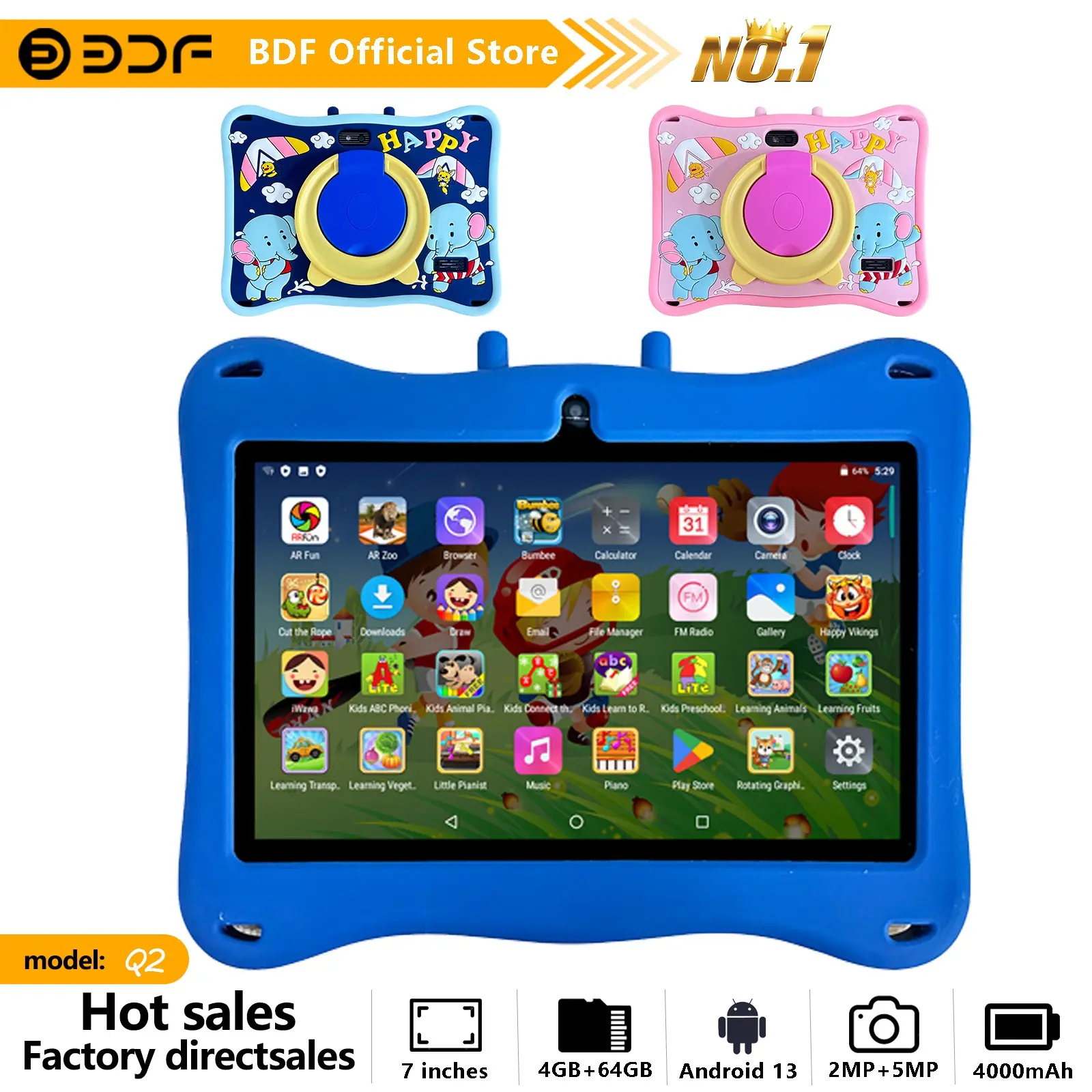 Bdf 7-Inch Android 13 Tablet with Educational Software, USB Charging, Quad-Core Processor, 4GB RAM, HD IPS Display, 64GB Storage, 4000mah Battery