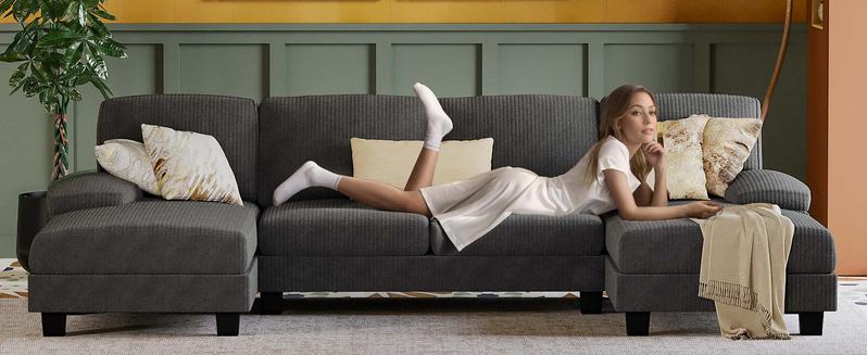 U-Shaped Sectional Sofa with Double Chaise, 4-Seat Couch with Corduroy Upholstery for Living Room or Apartment – Dark Grey