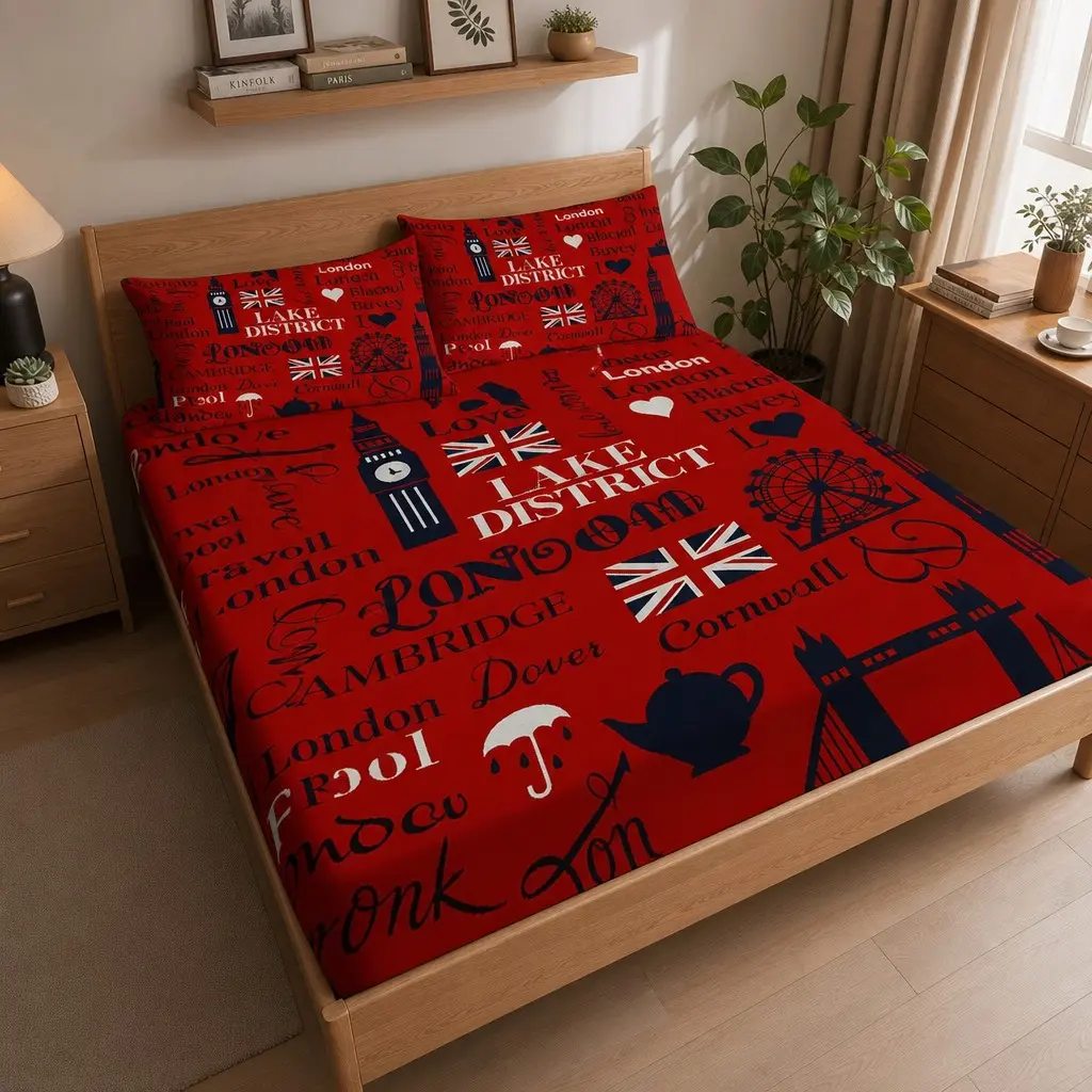 3-Piece London Vintage Bed Sheet Set, Uk Flag Pattern, Breathable Durable, Travel Inspired, No Core Pillowcases, Guest Room Decor