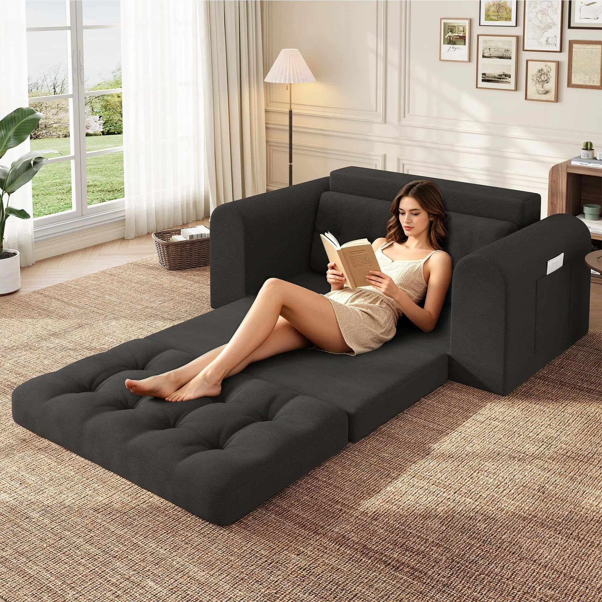 59" Convertible Futon Sofa Bed, Corduroy Folding Loveseat Couch Sleeper - 2-Seater Boneless Floor Sleeper - Round Armrests - No Assembly - Living Room/Bedroom