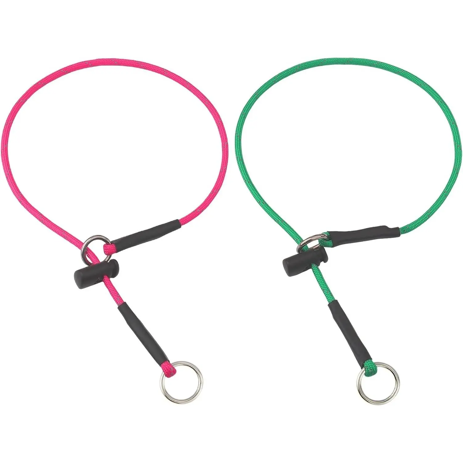18" Reflective Paracord Dog Slip Collar - 5/32" Rope Collar with Spring-Loaded Stopper, Stainless Steel O-Ring, Low-Light Vis., Universal Fit (Hot Pink & Green)