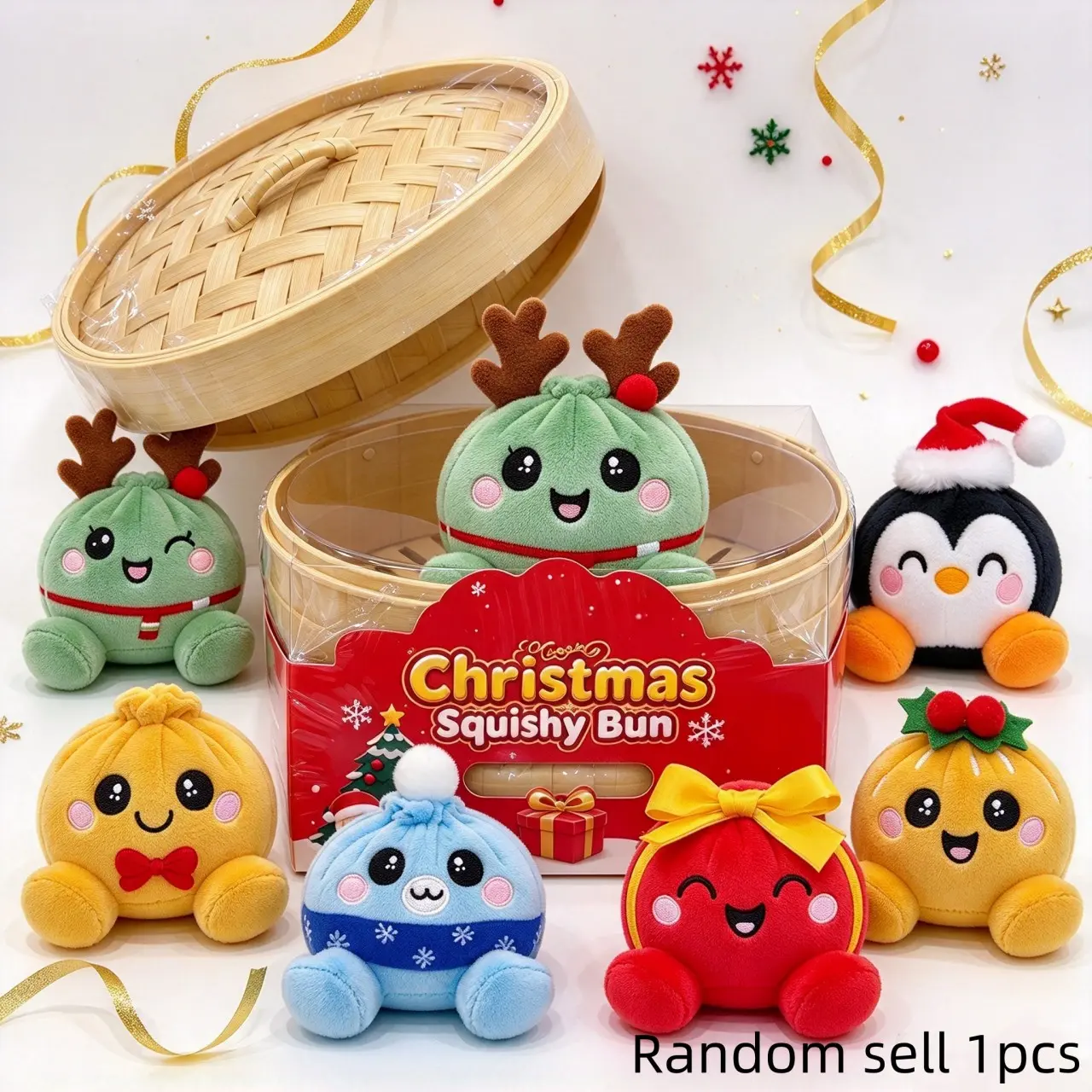 Christmas Baozi Dumpling Plush Toy with Steamer Basket, Stress Relief Slow Rebound Squishy, Cozy Home Decor, Perfect Gift for Holidays