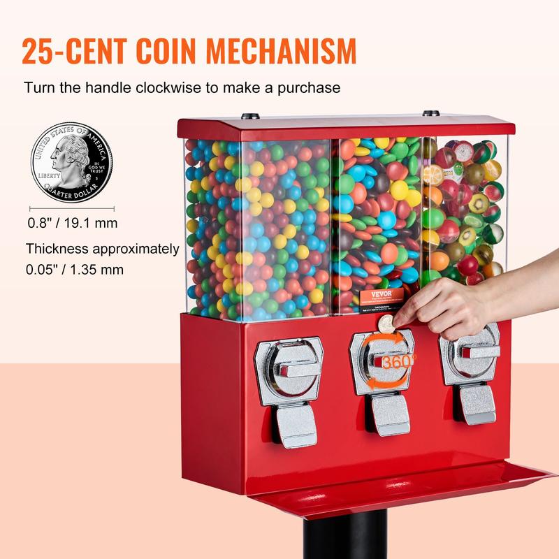 Commercial Vending Machine, Triple Compartment Candy Dispenser with Iron Stand, Gumball and Candy Machine for Business, Coin Operated Gumball Bank for Toy Capsules Bouncy Balls Candy Nut, Red