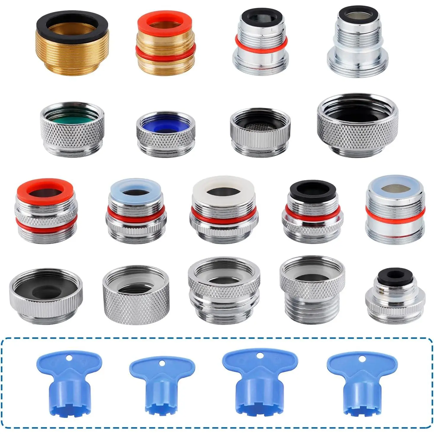 18-piece brass faucet adapter set, metal kitchen sink faucet aerator adapter| Used for detachable aerator faucets in bathrooms, garden hoses, and RV male-female connectors, 4-piece aerator disassembly tool set, easy to install for DIY use