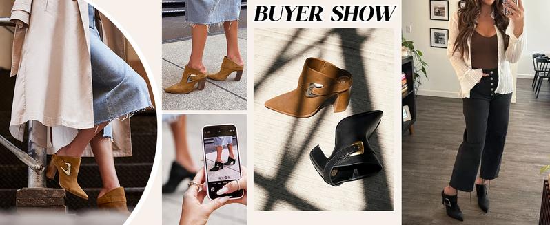 Coutgo Womens Mules Boots Chunky Stacked Heel Pointed Toe Booties Slip On Dress Boot Shoes with Buckle Decoration