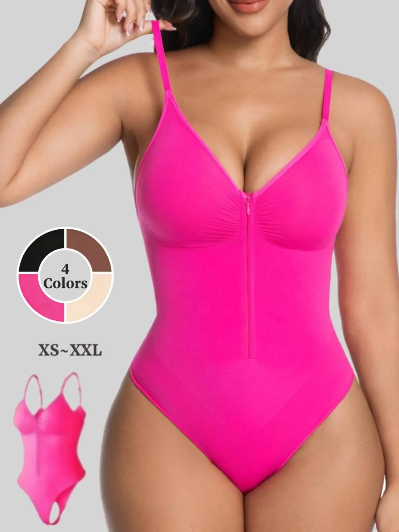 Seamless Shapewear Bodysuit, Heart Neckline, Comfortable Breathable Lingerie, Smooth Zipper Thin Straps, Daily Wear Belly Control