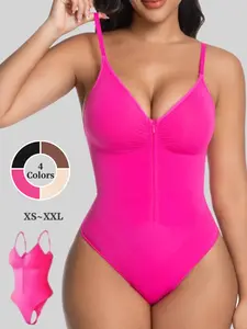 Seamless Shapewear Bodysuit, Heart Neckline, Comfortable Breathable Lingerie, Smooth Zipper Thin Straps, Daily Wear Belly Control