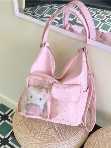 Double-Shoulder Starry Kids Bag, Canvas Material, Transparent Front Pocket, Adjustable Straps, Large Capacity, Casual Style, School & Daily Use