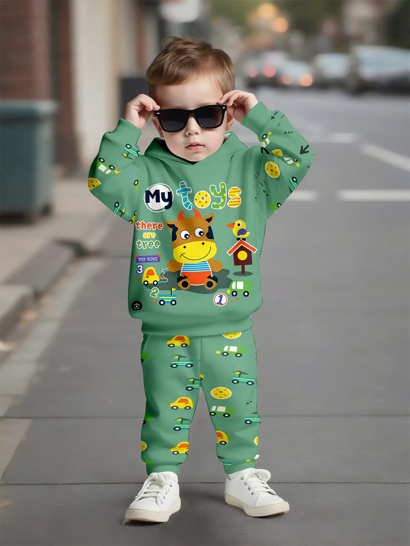 Toys Car Digital Farm Cow Print Unisex Kids Sweatshirt Long Pants Set, Casual Loose-Fit Fall Winter, All over Print Design