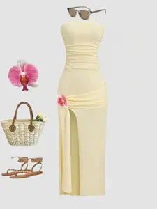 Summer Women's Dress, Cream Ruched High Slit Bustier Bodycon A-Line Dress, Floral Clip Design, Casual Vacation Party Dress