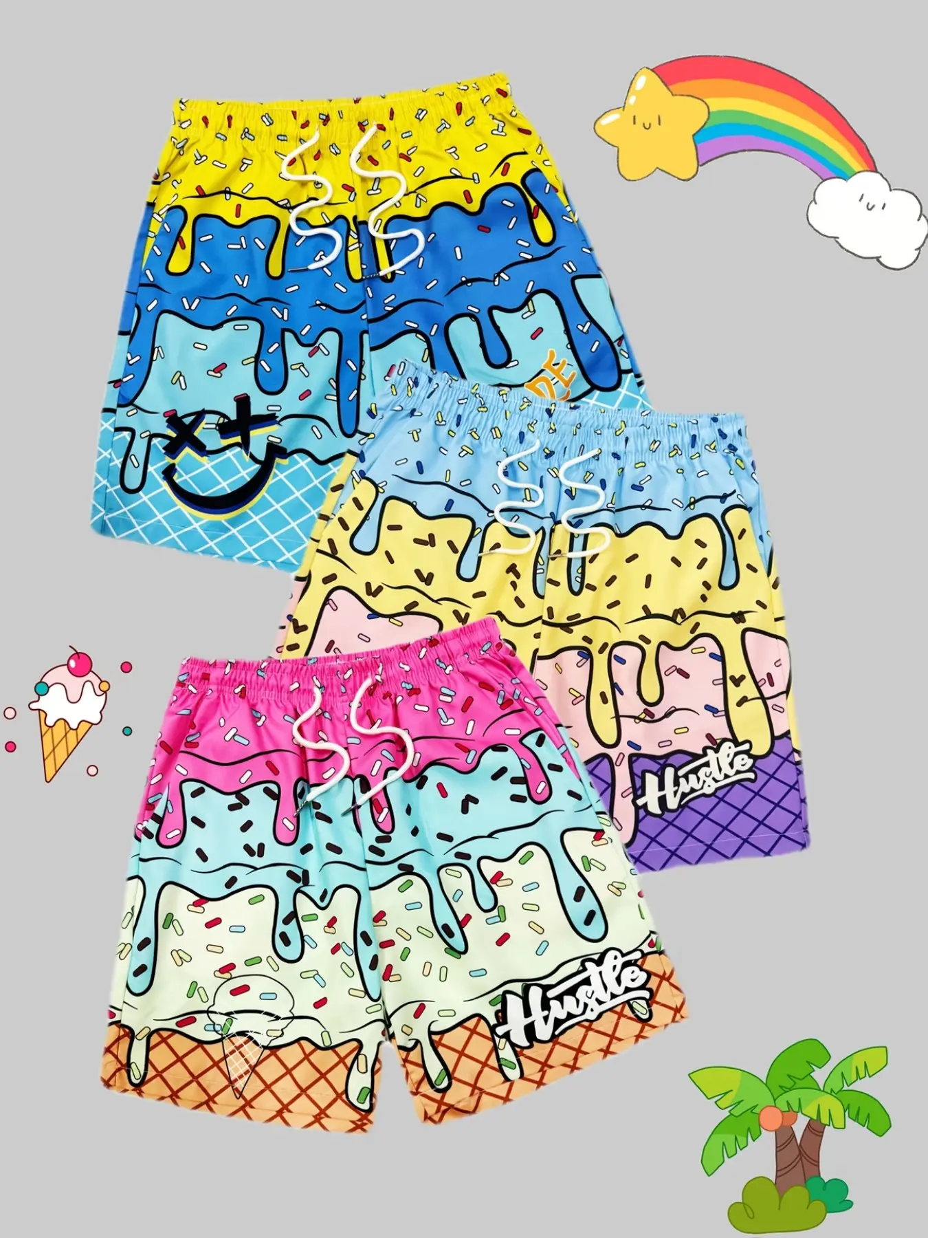 3-Pack Men's Ice Cream Print Beach Shorts, Vibrant Melting Ice Cream Pattern, Lightweight Non-Elastic Fabric, Adjustable Drawstring Waist, Lightweight Beach Trunks