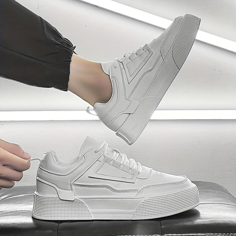 [Everyday Sneakers] Men's Classic White Casual Sneakers - Stylish Low-Top Lace-Up Shoes with Durable PU Upper & Sole, Comfortable Fabric Insole for Casual Attire