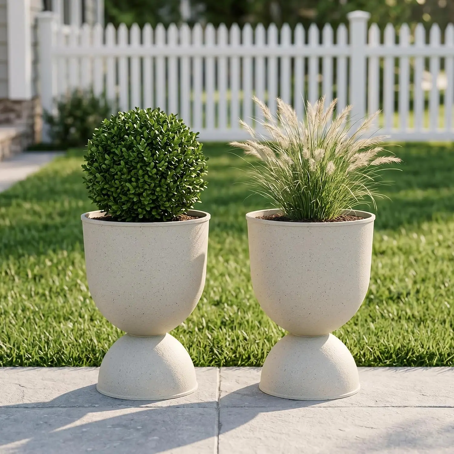 Planters Flower Pots, Plastic Urn Planters for Indoor Outdoor , Beige Pedestal Planter Pots 2 Pack, 15 Inch Tall Decorative Planters with Drainage Holes & Plugs for Front Porch Patio Garden