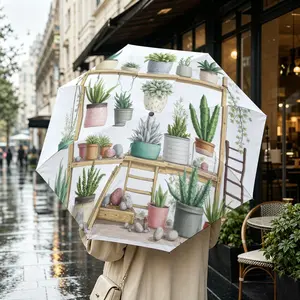 Foldable Umbrella with Succulent Illustration, Automatic Open, Iron Frame, Portable Design, Suitable for All Seasons, Travel & Office Use
