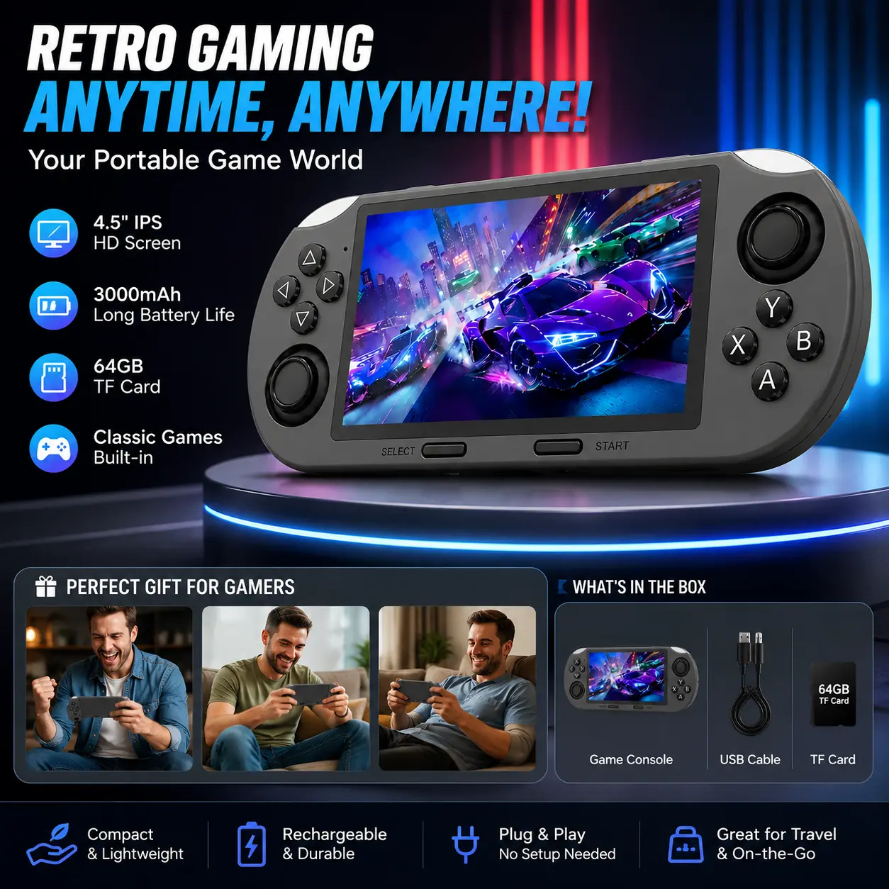 SF3000 Portable Retro Handheld Game Console, 4.5" IPS Display Mobile Gaming Set, 3000mAh Battery, 64GB TF Card, Compact Gadget for Father's Day Gifts, Mens Gifts, Men's Stuff Protection Connection Device Rechargeable Screen