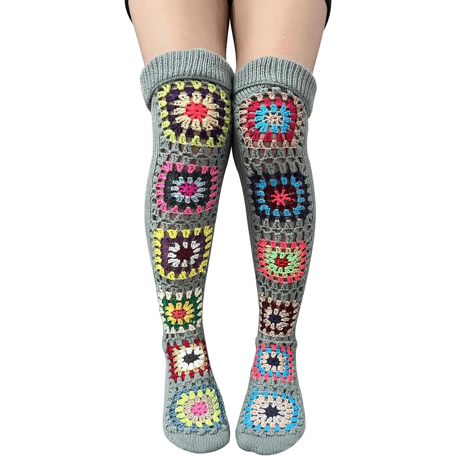 Crochet Thigh High Socks Granny Square Over Knee High Retro Knitted Stocking Colorful Leg Warmers