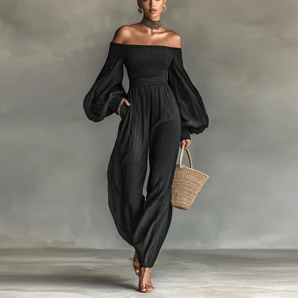 Off Shoulder Pleated Jumpsuit for Women, Casual Solid Pull On Long Sleeve Wide Leg Outfit, Plus Size, Jumpsuits For Women, Pleated Fabric, Chic, Xl, One-Shoulder Wide-Leg Jumpsuits & Rompers