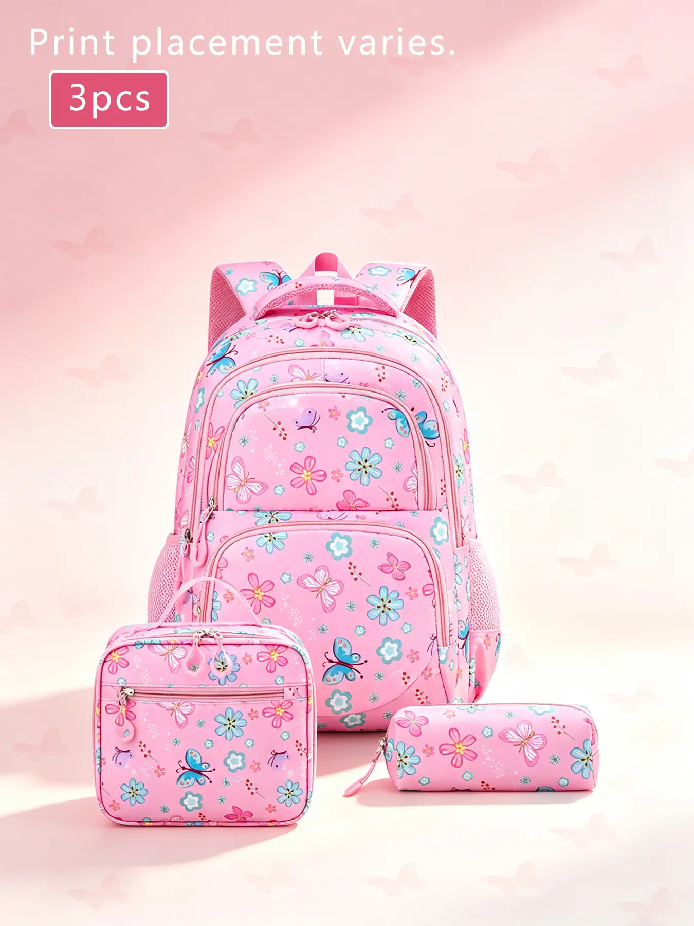 3Pcs Pink Butterfly Floral Print School Backpack Set Heart Zipper Pulls Matching Handheld Lunch Bag Slim Stationery Pouch Mesh Padded Shoulder Straps Multi-layer Storage Pockets for Campus Study Weekend Trips Daily Casual Outings