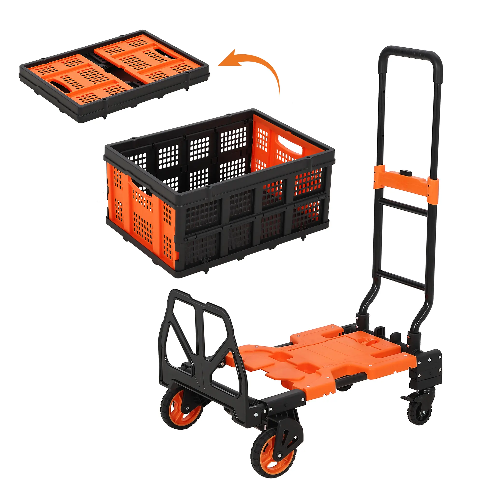 Garvee 2-in-1 Folding Hand Truck Dolly, 330 lb Heavy-Duty Convertible Hand Cart (2-Wheel Upright/4-Wheel Flatbed) - Collapsible Basket - Telescoping Handle - 360° Swivel Wheels - Orange