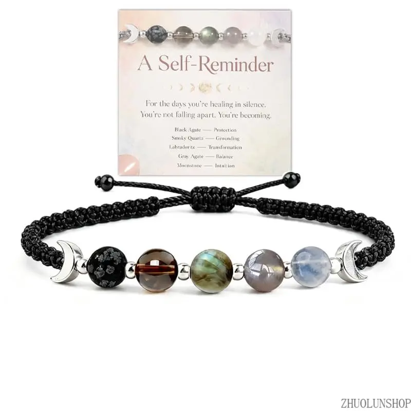 Women's Adjustable Size Braided Beads Natural Healing Stones Wrist Band - Labradorite, Moonstone, Obsidian, Smoky Quartz Moon Phase Bracelet, Calming Energy Jewelry, Perfect Birthday Holiday Gifts anniversary gold-plated trendy fashion kit unisex