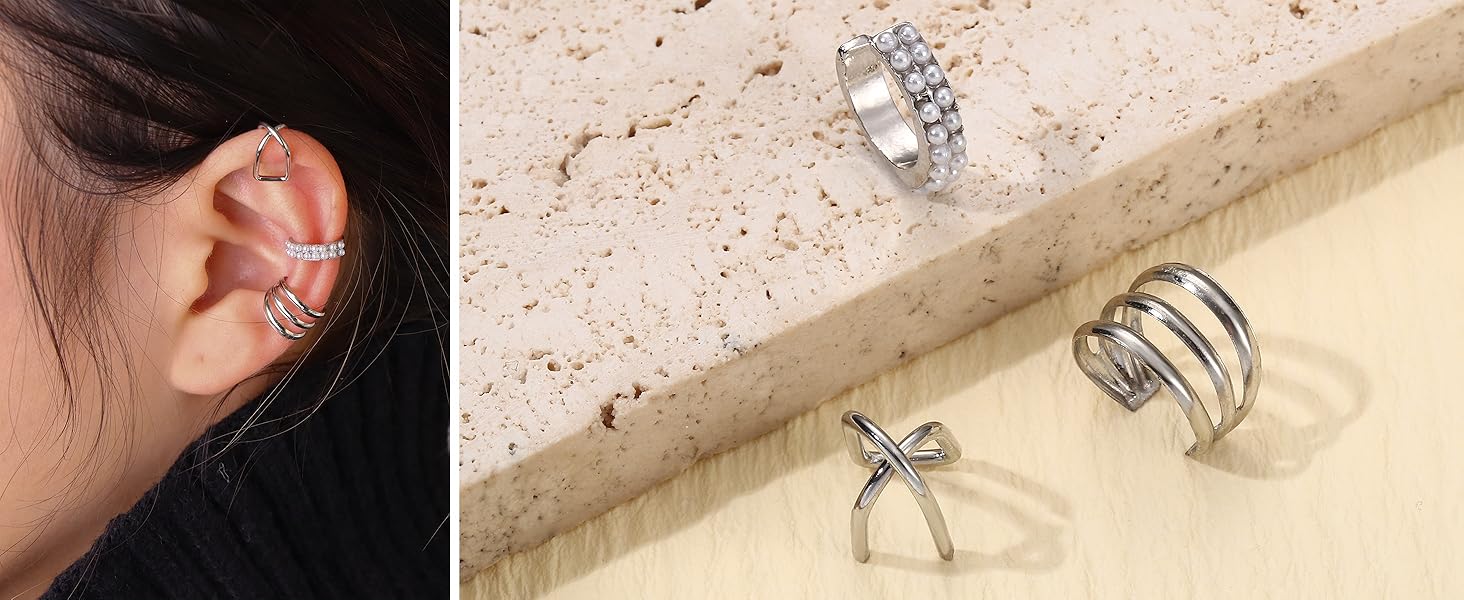 BESTEEL 66 Pcs Ear Cuff Earrings for Women Non Piercing, Hypoallergenic Fake Earringspearl, Silver Clip on Cartilage Earrings for Sensitive Ears, Gold Ear Wrap for Helix Cartilage magnetic earrings