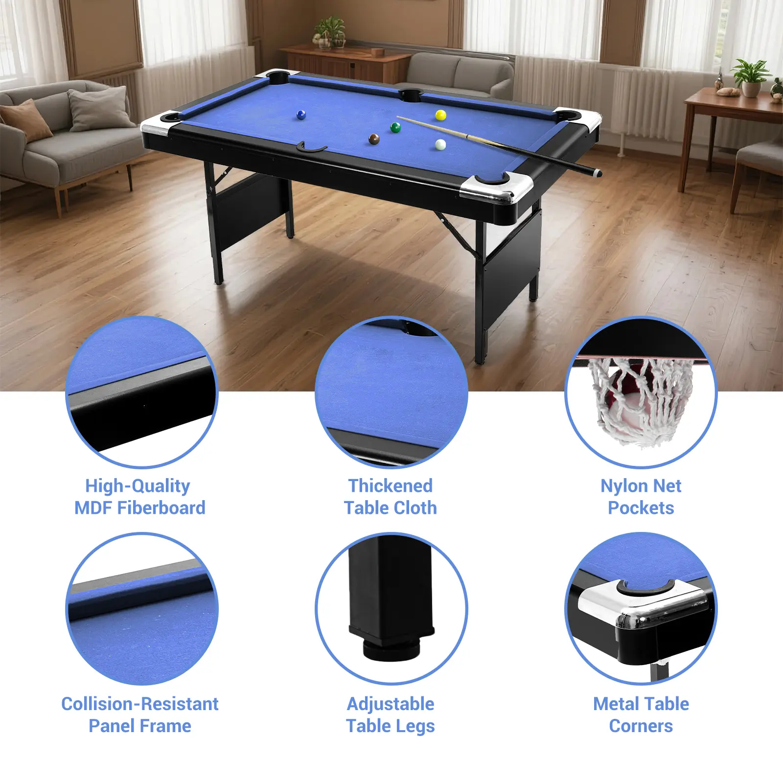 6 Foot Foldable Pool Table, Portable Billiards Table for Adults with Full Accessories Set, Mesa De Billar Includes 16 Balls, 2 Cue Sticks, Chalk, Rack & Brush, Game Room Table for Home Game Room, Family Entertainment ﻿