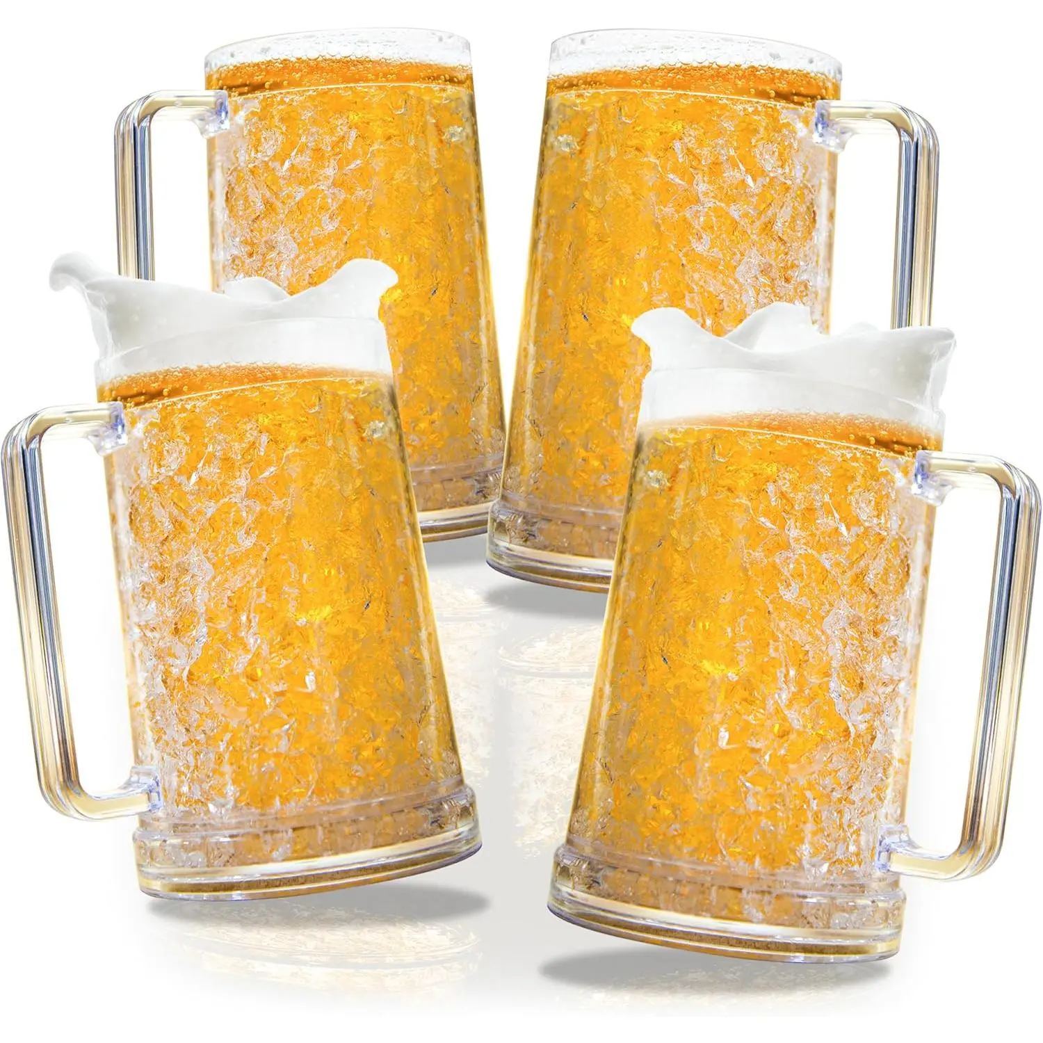 Freezer  Mugs Set of 4, 16 oz Double Wall Gel Mugs for Freezer,  Plastic  Stein with Handle, Ice Cold Glasses for Men, BBQ, & Pool Parties (Clear)
