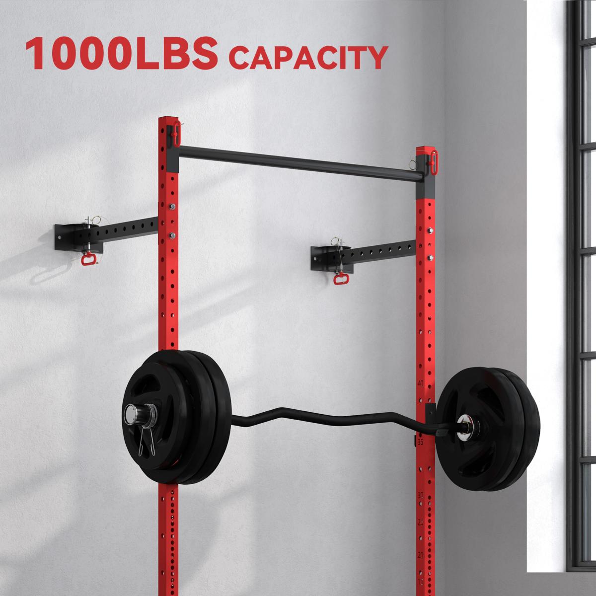 [Fahuac] Soozier Folding Squat Rack with Pull Up Bar, Wall Mounted 1000 lbs Capacity Power Rack, 17-Level Adjustable Barbell Rack, Space Saving for Home Gym Garage, Red