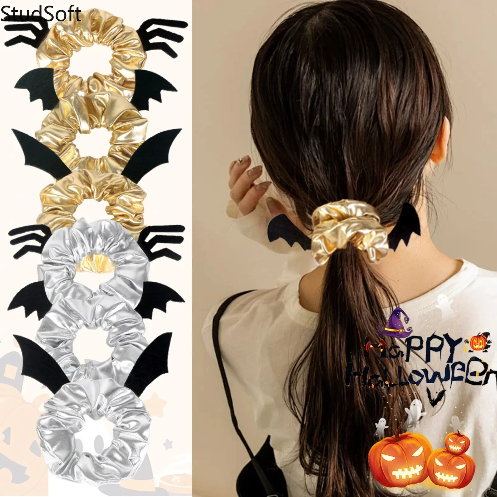 6pc Halloween Bat Wing Scrunchies Pack Metallic Shiny Hair Bands Sparkly Glitter Ponytail Holder Ties Bulk Gothic Cosplay Costume Party Accessories