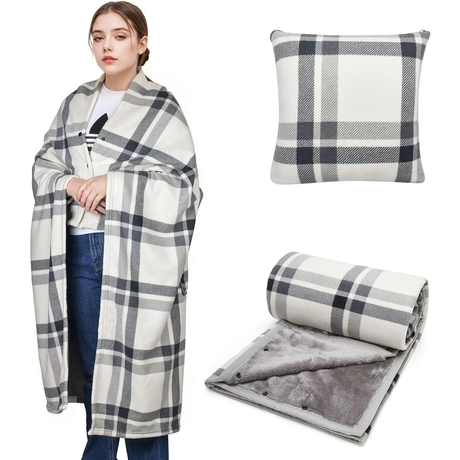 Wearable Blanket Compact Pillow 2-in-1, Lap Blanket Poncho with Button  Throw Cushion for  Office Sofa