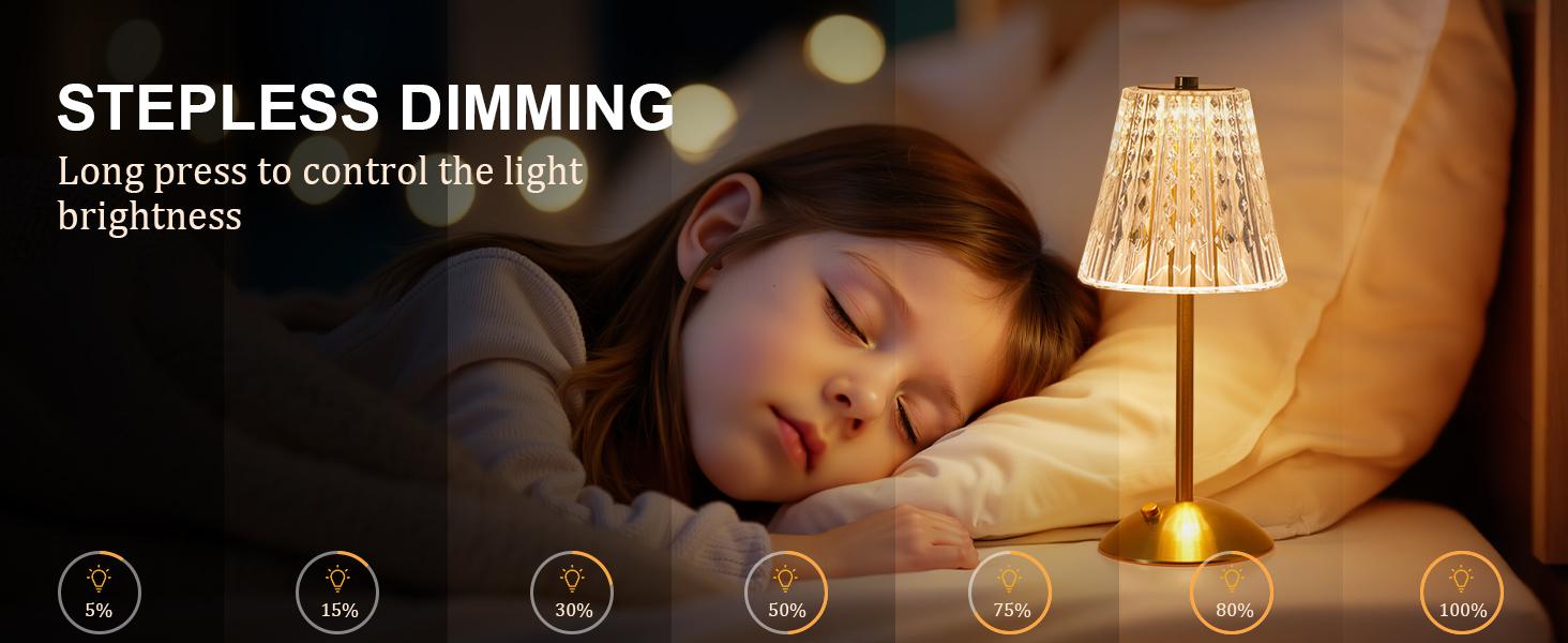 Cordless Touch Table Lamp, 3500mAh LED Rechargeable Small Dask Lamp, 3 Colors Dimmable Battery Operated Crysta Lamp for Bedroom Restaurant Kitchen Home Decor, Gold