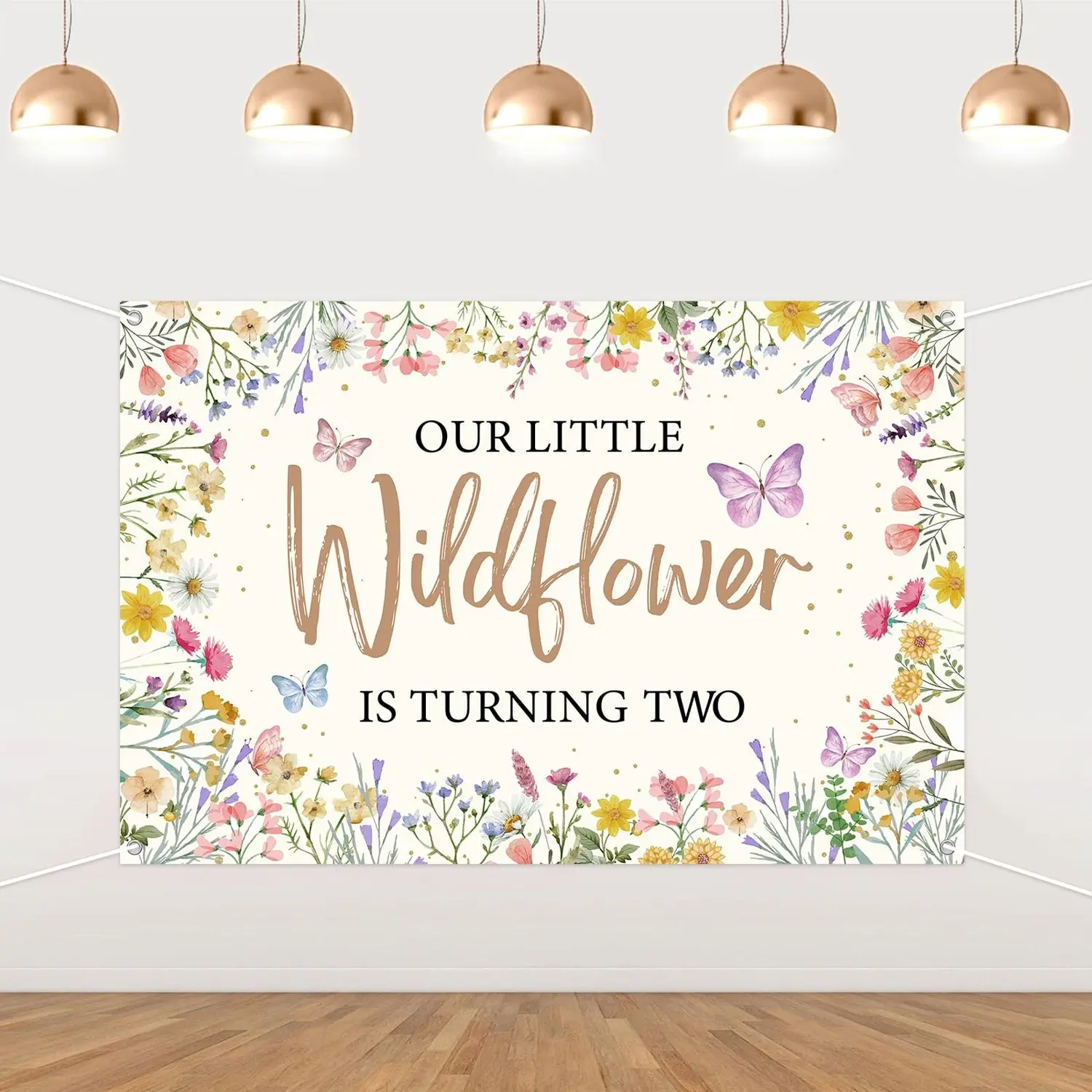 1Set 5x3ft Wildflower 2anniversary Birthday Backdrop  Our Little Wildflower is Turning Two Birthday Decorations Girl Watercolor Floral Themed Flower Daisy Butterfly Photography for Second Birthday Party