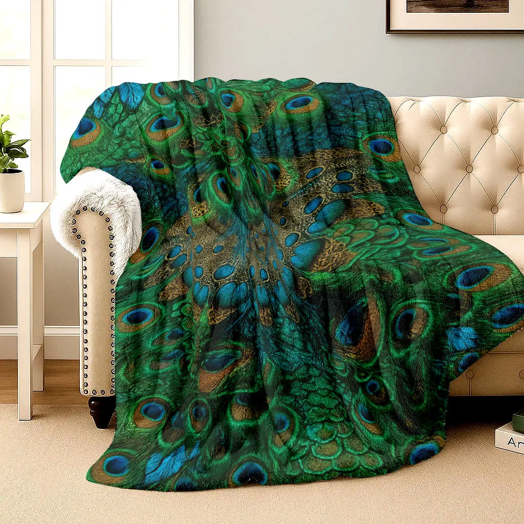 Flannel Blanket • 2D Printed Peacock Animal Pattern Art • Gorgeous Green Feather Throw • Birthday/Holiday Gift • Multi-Use for Sofa/Bed/Camping/Office/Tourism • Machine Washable • Pet-Friendly Festival Decorations • Various Sizes • All-Season Use