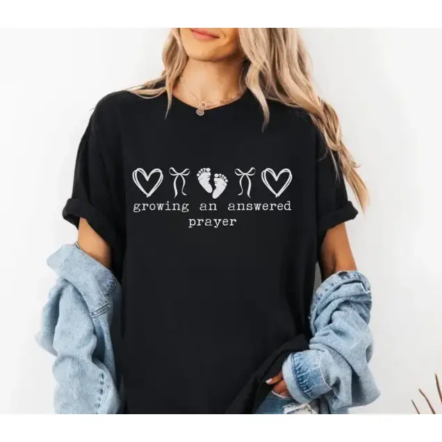 Growing An Answered Prayer Christian Mom Shirt, Coquette Pregnancy Reveal, Announcement Mom To Be Tee, Baby Shower Gift