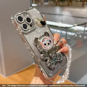 Anti-Drop Phone Case Cover with Bear Stand and Beaded Bracelet, Rhinestone Design, Fits iPhone 17 Pro Max, 17, 17 Pro, 16 Pro Max, More Models