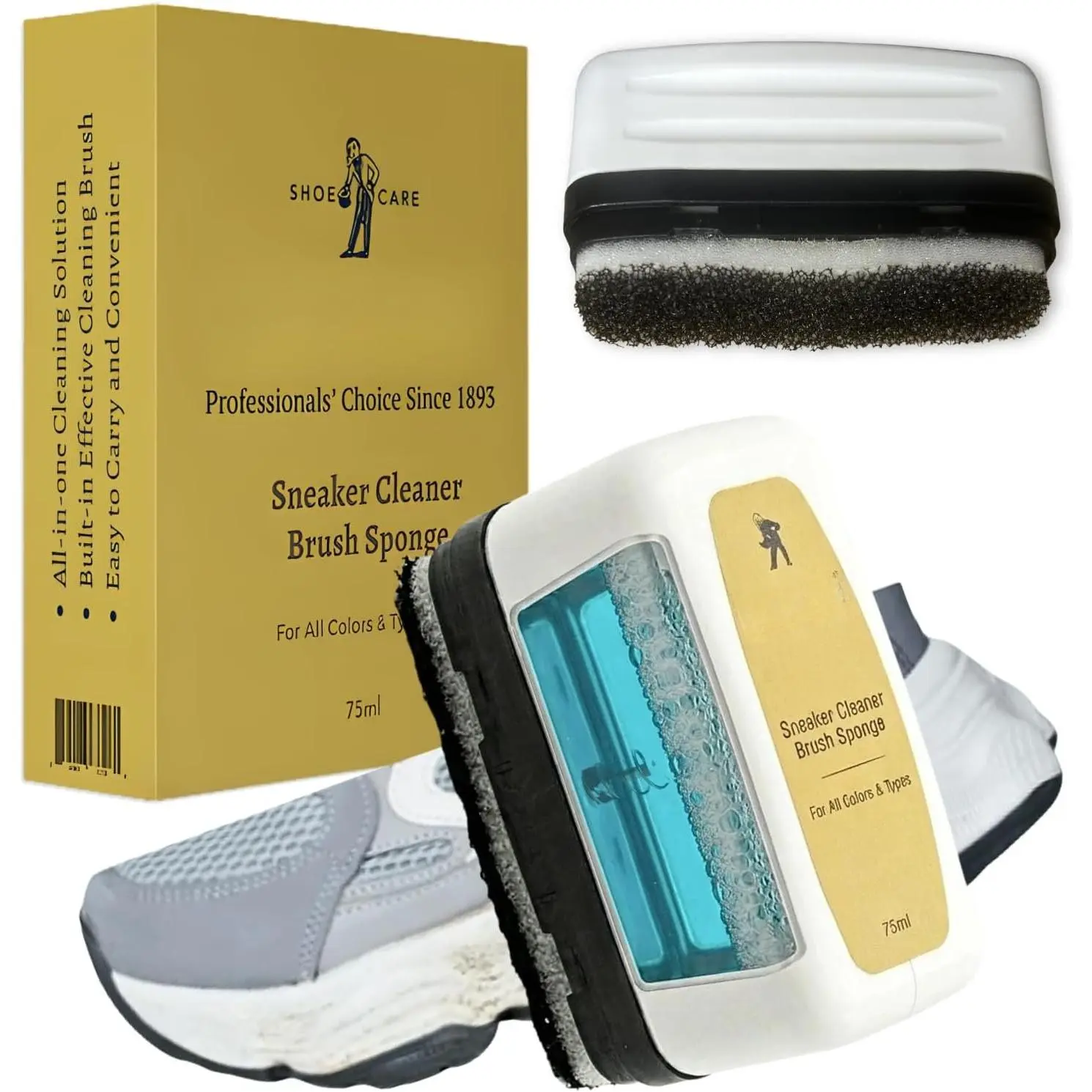 Shoe Cleaner, Filled with Foaming Cleaning Solution & -In Brush Sponge, -In- Sneaker Cleaner System, No Water, No Bowl, No Tools Needed, 75ml