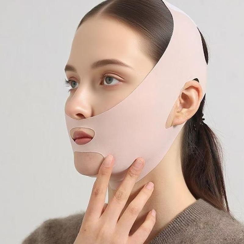 Adjustable Facial Training Band |   Sleep Mask, Gray and Pink V-Shaped Bandages for Lifting and Tightening, Non-Seamless Design for Relaxation and Sleep, Suitable for Watching TV, Exercising, or Playing |   Comfortable Wear