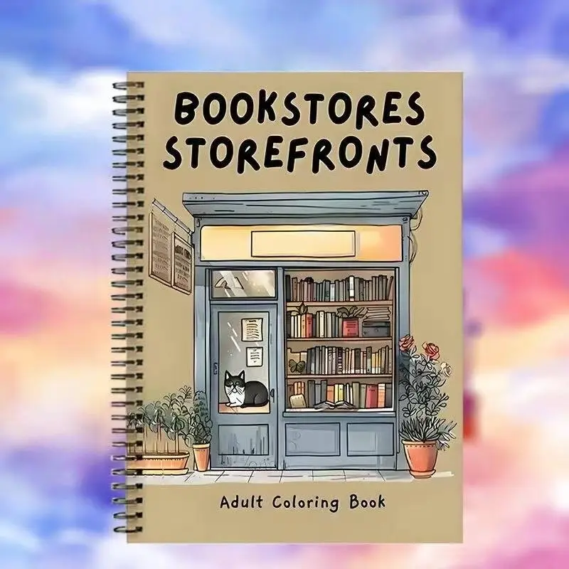 Adult Coloring Book Street Scene Vintage Bookstore Line Art Illustrations A4 24 Pages Stress Relief Hand Drawn Literary Gift for Book Lovers