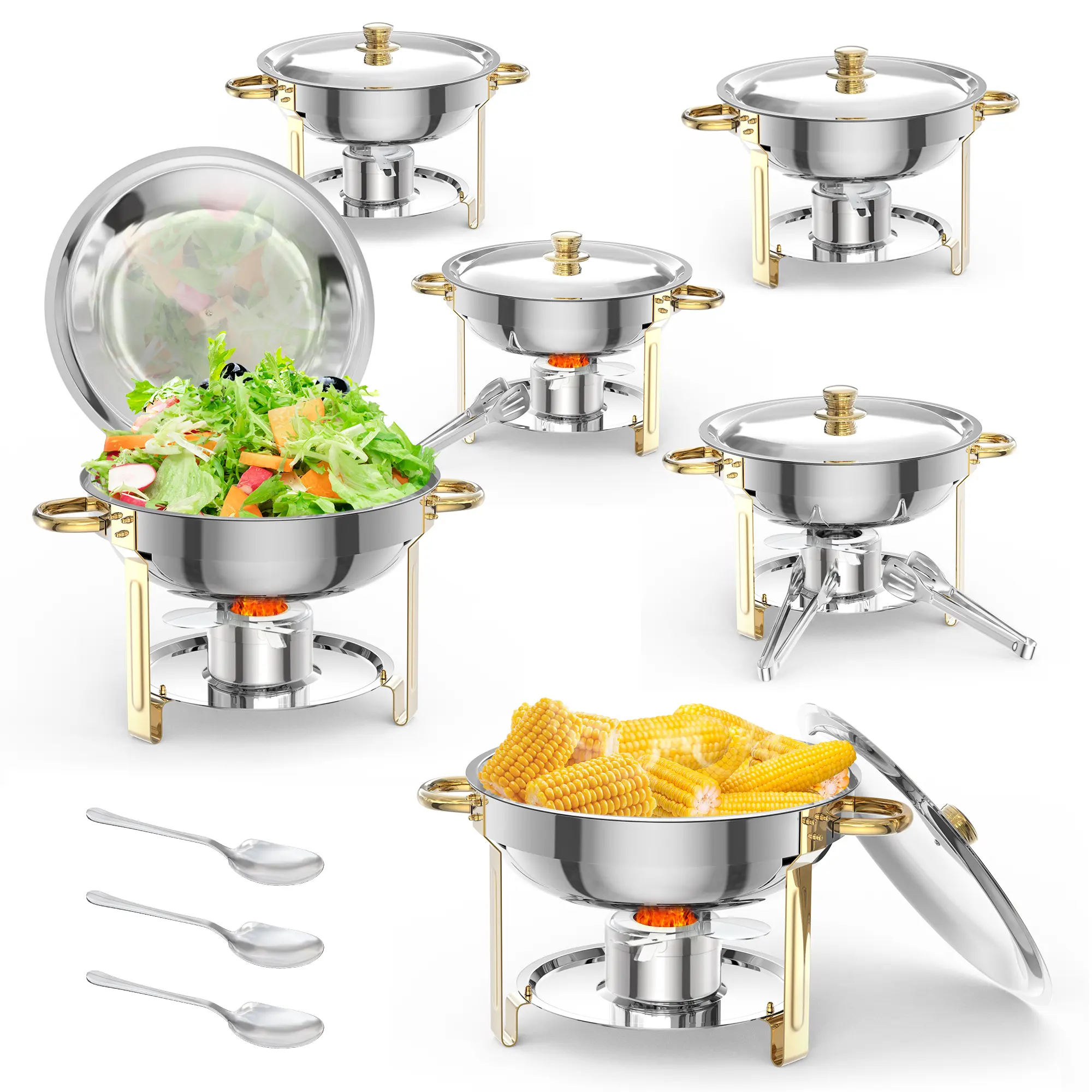 Garvee Commercial Grade 5QT Round Stainless Steel Chafing Dishes Buffet Set – Lids, Lid Holders, Spoons & Tweezers – NSF Food Warmers for Catering, Banquets, Parties, Weddings, Events – Rose Gold, 2 , 4 or 6 Pack