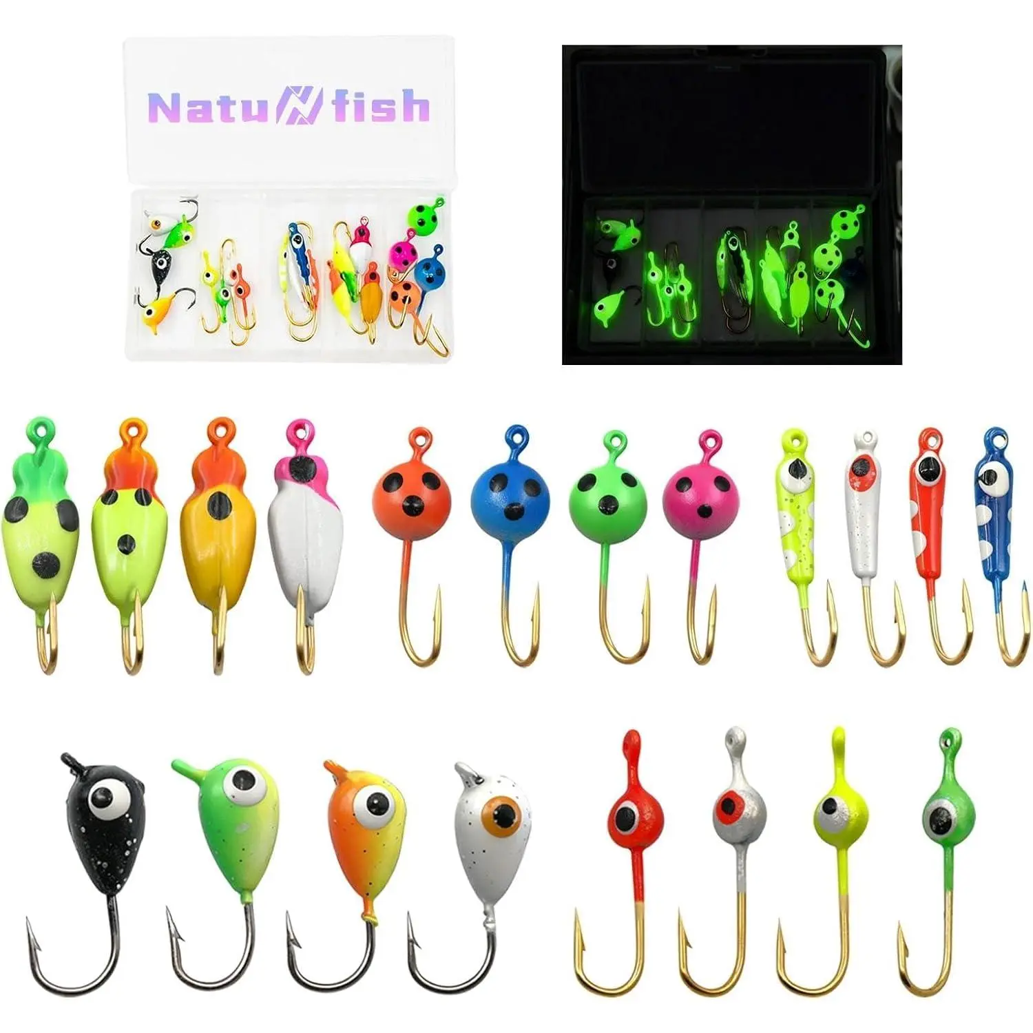 Glow Ice Fishing Jigs Set, 20/28Pcs Fishing Tackle for Winter Use, High-Carbon Steel Jig Heads with Partial Glow Finish, Realistic Shape, Strong Hooks, Durable Design & Storage Box (Ideal for Crappie, Perch)