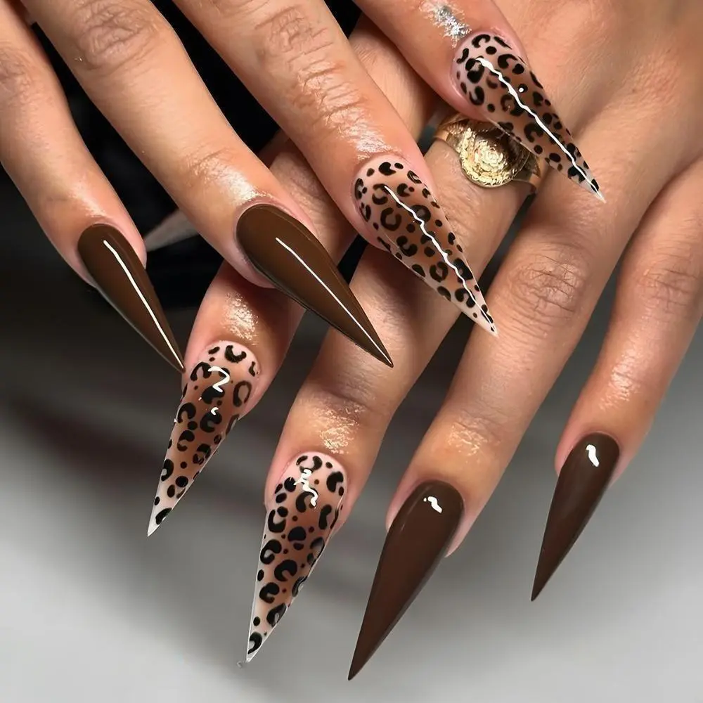 Maillard Leopard Press On Nails Set, 24Pcs Reusable Removable False Nails, Premium Stick On Manicure Kit, Autumn Winter Trendy Nail Art Accessory for Daily Wear, Parties & Dating