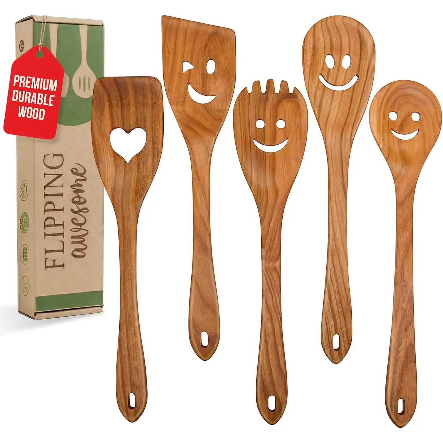 MFC 5- Wooden Cooking Spoons - Kitchen Set from  Cherry  - Wooden Spoons for Cooking - Funny Utensil Set with Smiley Faces - Cooking Multipurpose  Utensils