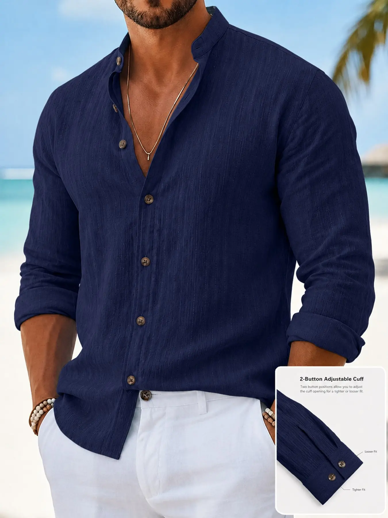 Lightweight Breathable Textured Stand Collar Long Sleeve Shirts, Casual Buttons Collared, Urban Gentleman Aesthetics, Suitable for All Seasons and Travel