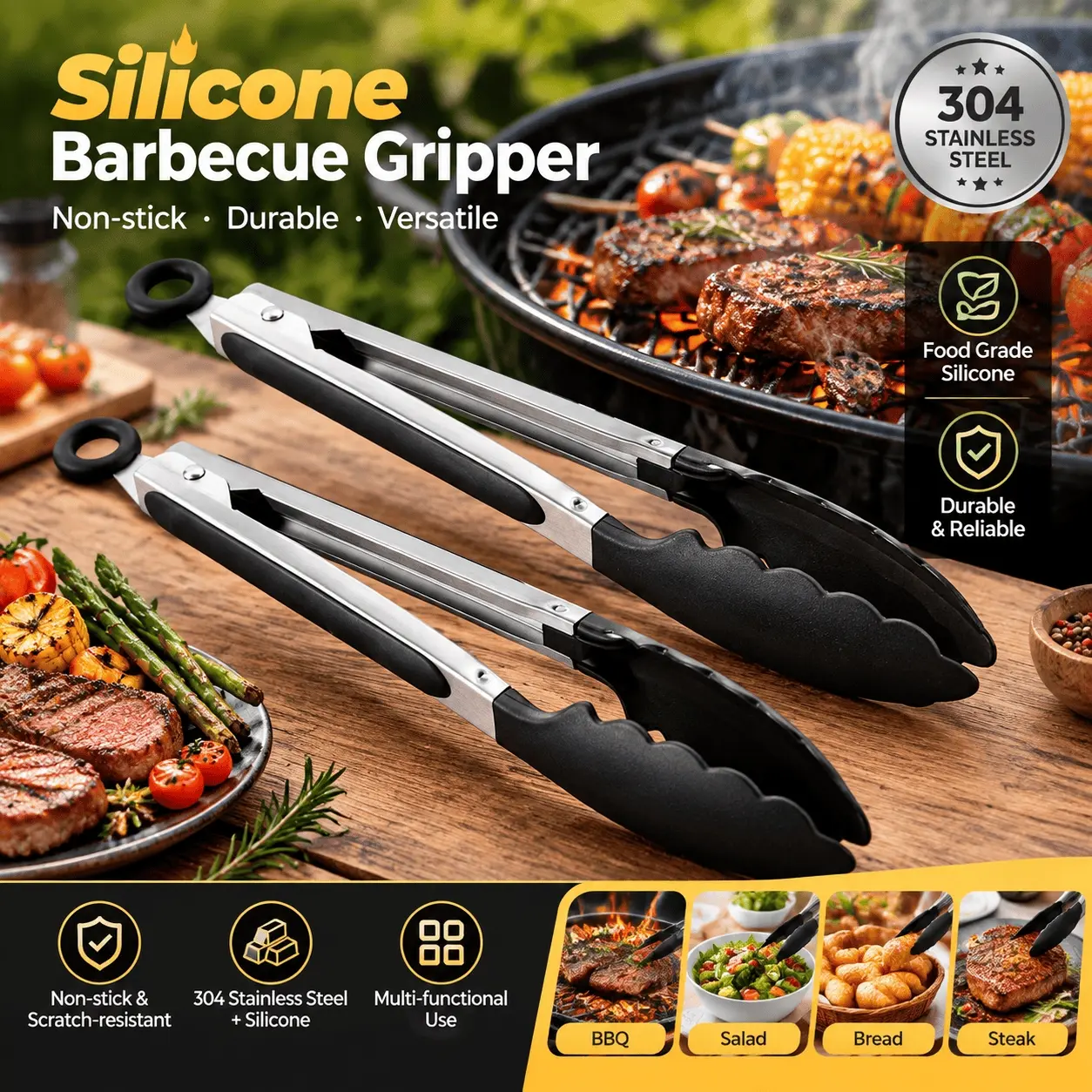 2PCS Silicone Barbecue Gripper, Kitchen Cooking Tool, non-stick Barbecue Tongs, Multifunction Salad Bread Tongs, Made of 304 Stainless Steel, Tools