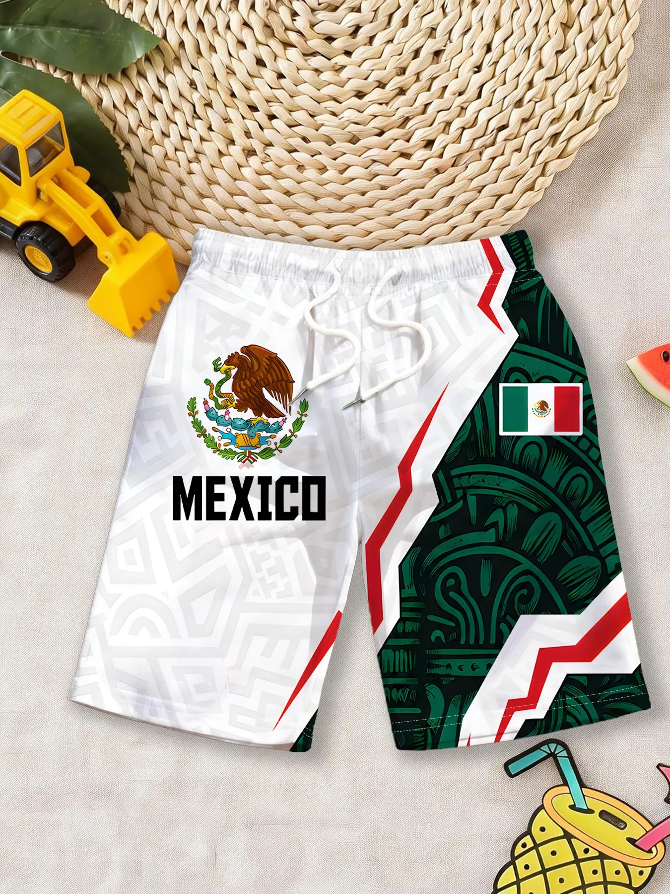 Boys' Casual Beach Shorts Mexico Flag Totem Patchwork Print Style White and Green Loose Shorts, Lightweight Printed Shorts, Lightweight, Breathable, Suitable for Beach Vacation / Daily Outings