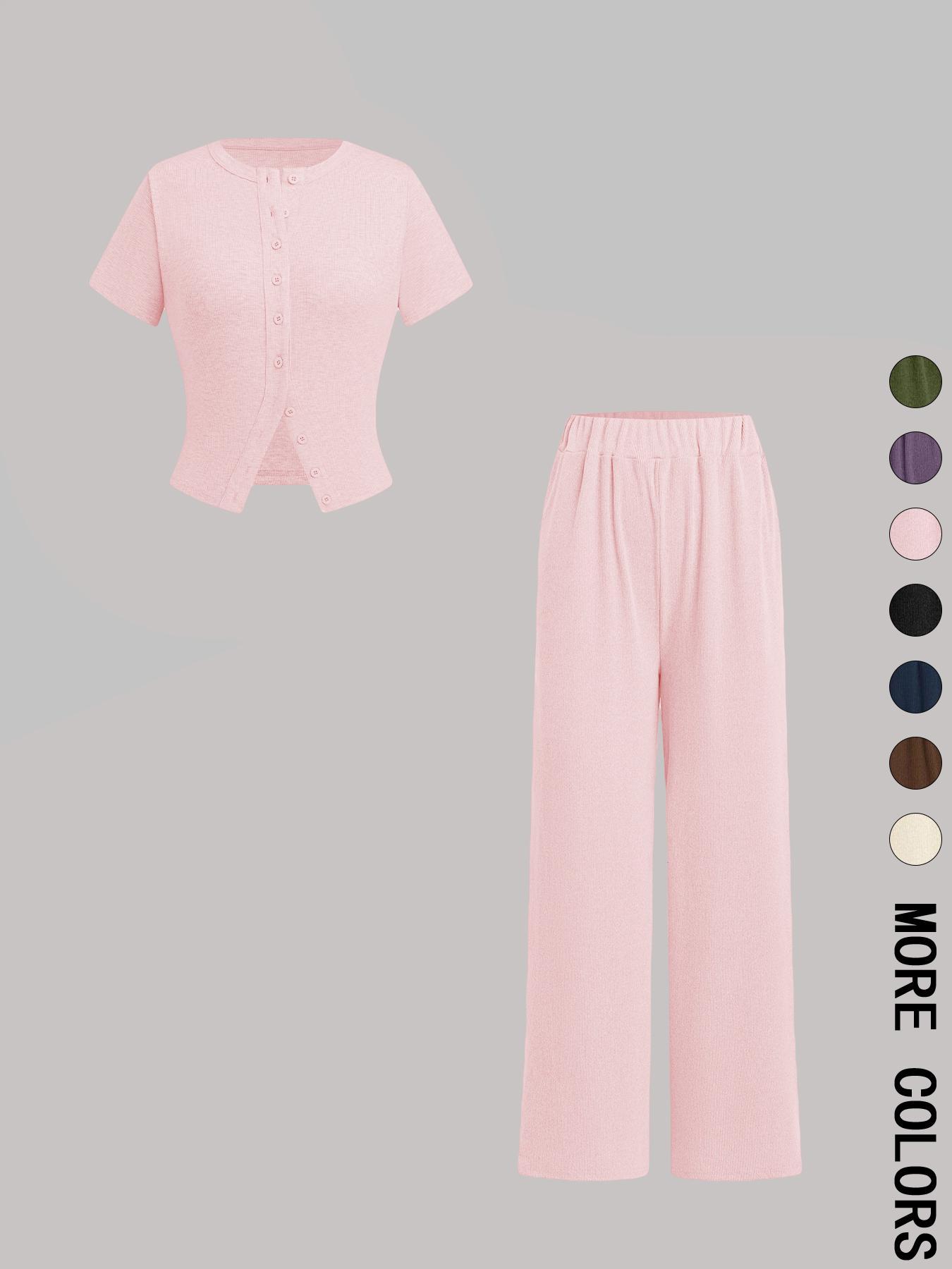 Women's Solid Ribbed Basic Crop Top & Wide Leg Pants Two-piece Set, Casual Fashion Cozy Fitted Top & Trousers for Daily Outdoor Wear, Ladies Clothes for All Seasons,Airport Outfit