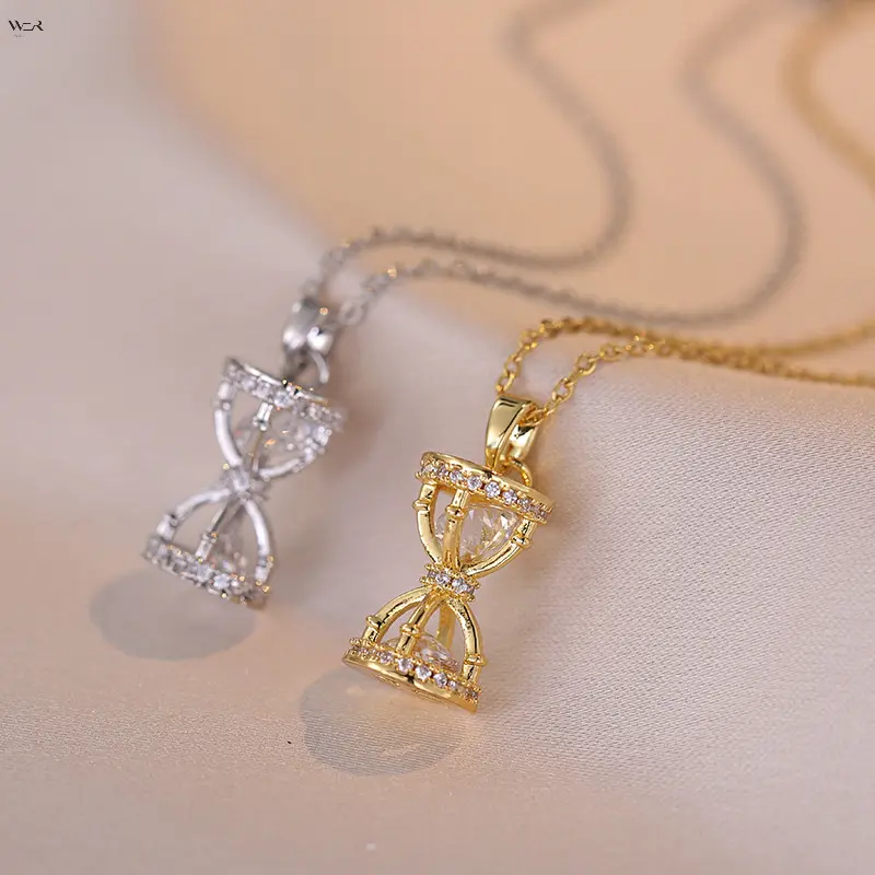 2 Colors Pave Zircon Hourglass Pendant Necklace, Dainty Time-Themed Silver/Gold Chain with Adjustable 40+5cm Length, Minimalist Romantic Daily Women Neck Jewelry